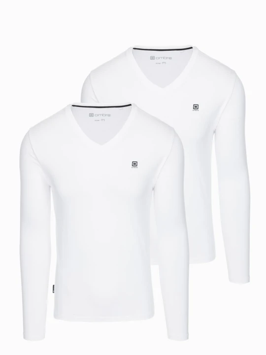 Zdjęcie produktu Komplet męskich longsleeve'ów SLIM FIT z dekoltem typu V i logotypem 2-pak – 2x biały V4 Ombre Clothing