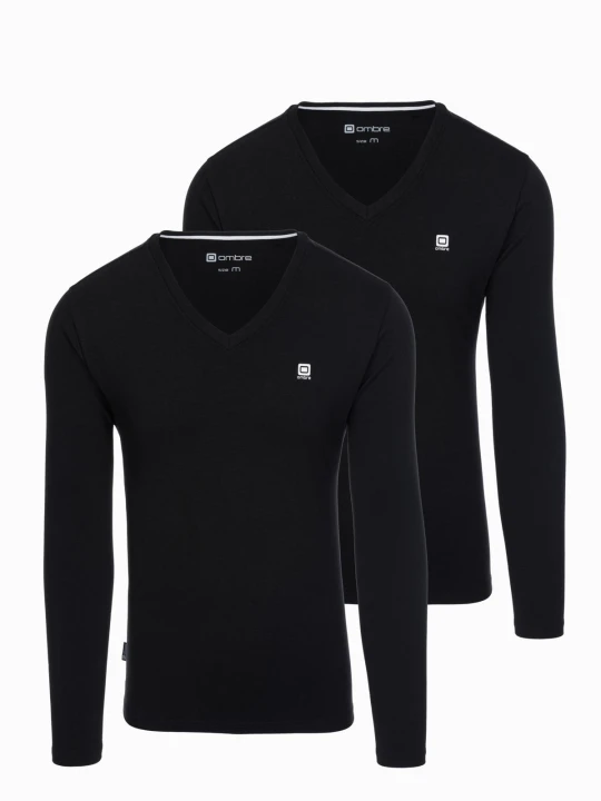 Zdjęcie produktu Komplet męskich longsleeve'ów SLIM FIT z dekoltem typu V i logotypem 2-pak – 2x czarny V5 - Rozmiar: M Ombre Clothing