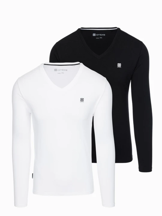 Zdjęcie produktu Komplet męskich longsleeve'ów SLIM FIT z dekoltem typu V i logotypem 2-pak – mix biały / czarny V2 Ombre Clothing