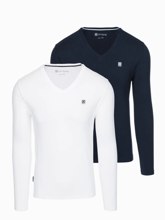 Zdjęcie produktu Komplet męskich longsleeve'ów SLIM FIT z dekoltem typu V i logotypem 2-pak – mix biały / granatowy V1 - Rozmiar: XL Ombre Clothing