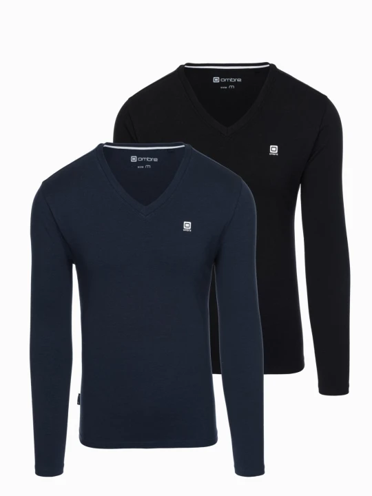 Zdjęcie produktu Komplet męskich longsleeve'ów SLIM FIT z dekoltem typu V i logotypem 2-pak – mix granatowy / czarny V3 - Rozmiar: S Ombre Clothing