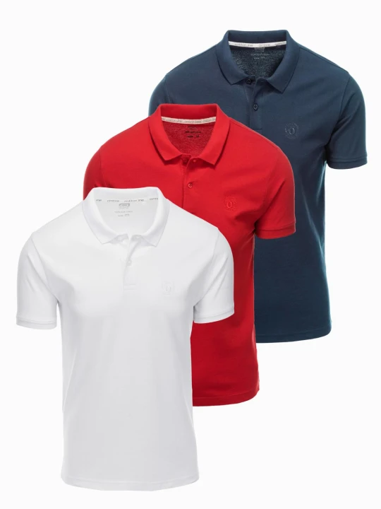 Zdjęcie produktu Komplet męskich t-shirtów bawełnianych polo BASIC – granatowy / biały / czerwony V3 Ombre Clothing