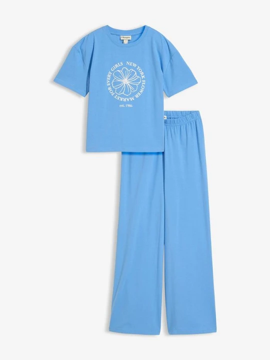 Zdjęcie produktu Komplet: T-shirt i spodnie z dżerseju z elastycznej mieszanki bawełny (2 części) BonPrix niebieski