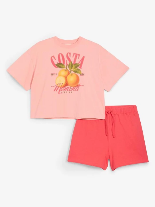 Zdjęcie produktu Komplet z bawełny organicznej: T-shirt i krótkie spodenki (2 części) BonPrix różowy