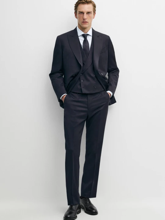 Zdjęcie produktu Kopertowa Marynarka Z Lekkiej Wełny - Granatowy - Massimo Dutti - Male