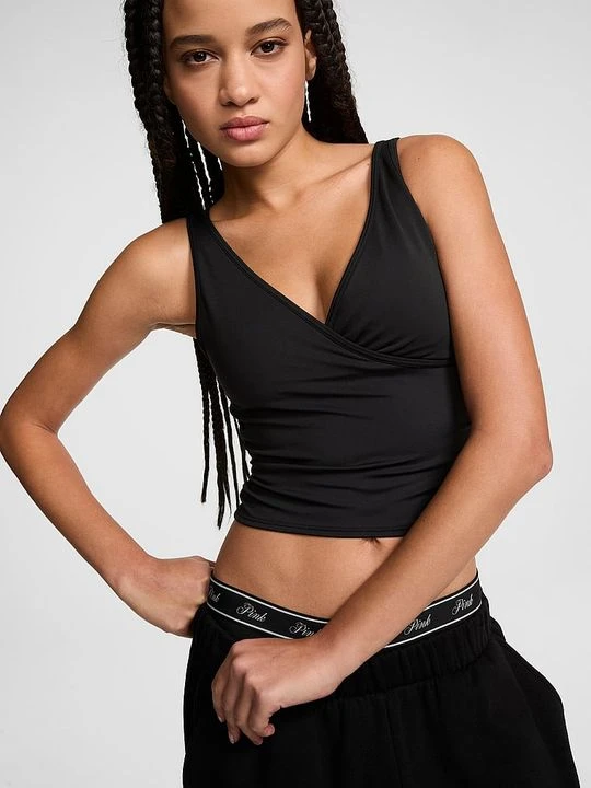 Zdjęcie produktu PINK Kopertowy top biustonoszowy PINK Relay z marszczeniem Victoria's Secret Czarny