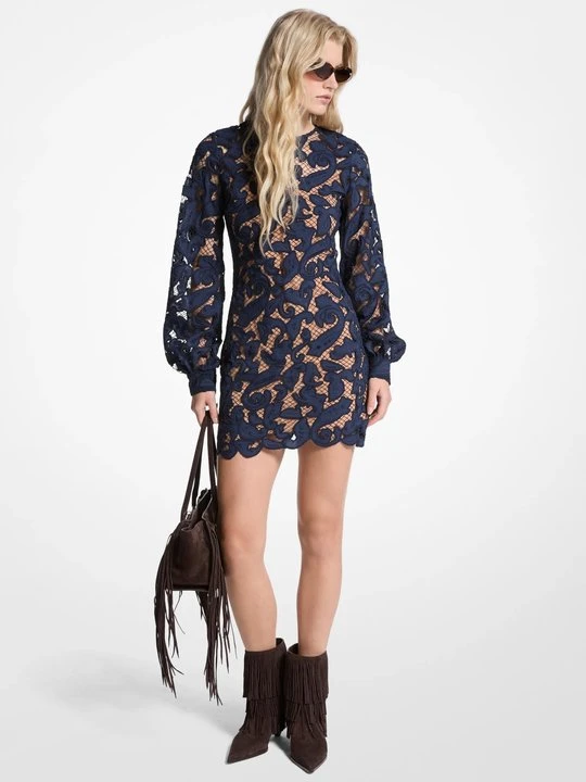 Zdjęcie produktu Koronkowa sukienka z bufiastymi rękawami we wzór paisley Michael Kors CIEMNONIEBIESKI (Niebieski)