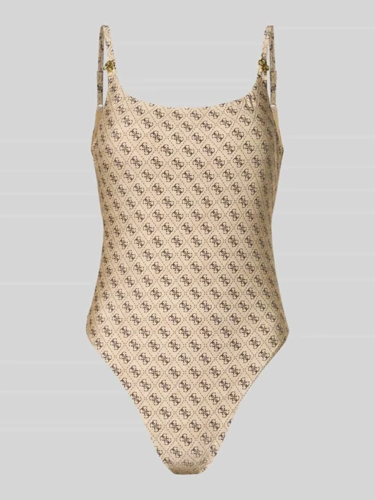 Zdjęcie produktu kostium kąpielowy o kroju slim fit z nadrukiem z logo na całej powierzchni Guess Beżowy