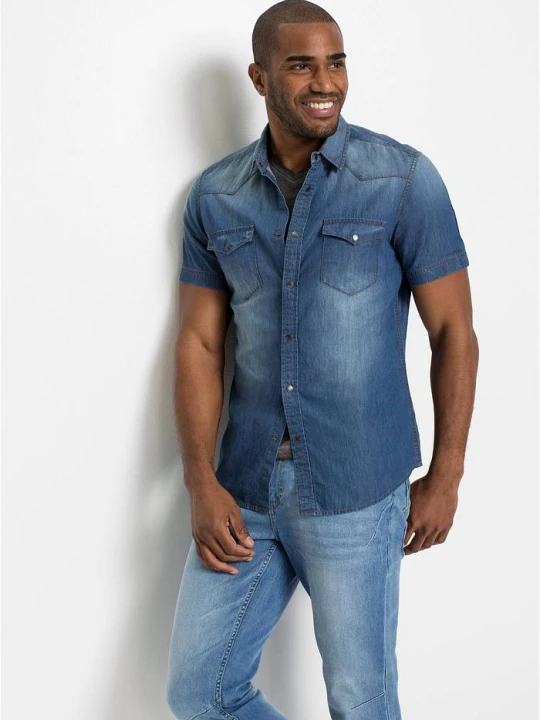 Zdjęcie produktu Koszula dżinsowa z czystej bawełny organicznej, krótki rękaw, slim fit BonPrix niebieski