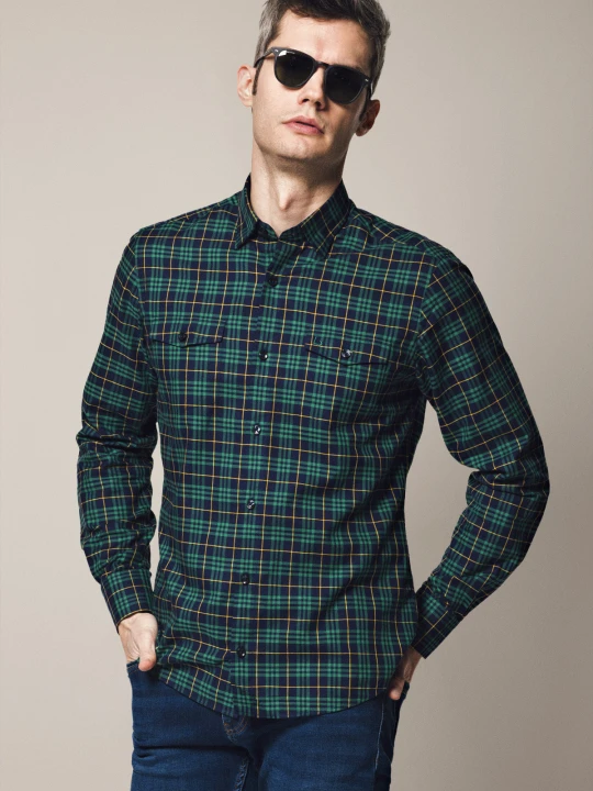Zdjęcie produktu Koszula Granatowo-Zielona Bawełniana w Kratę Slim Kelly Lancerto