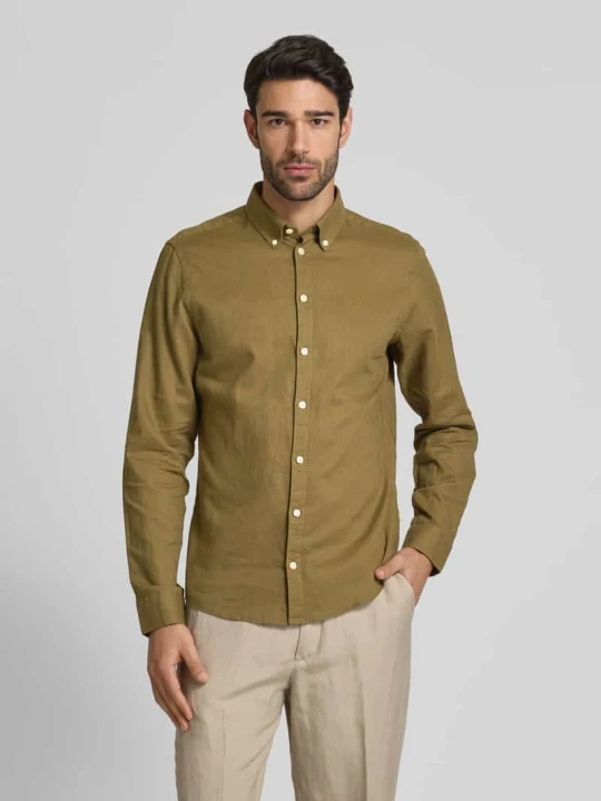 Zdjęcie produktu Koszula lniana o kroju regular fit z kołnierzykiem typu button down model ‘Anton’ Casual Friday Oliwkowy