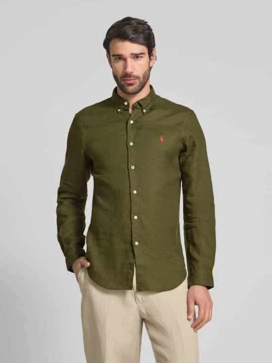 Zdjęcie produktu Koszula lniana o kroju slim fit z wyhaftowanym logo Polo Ralph Lauren Oliwkowy