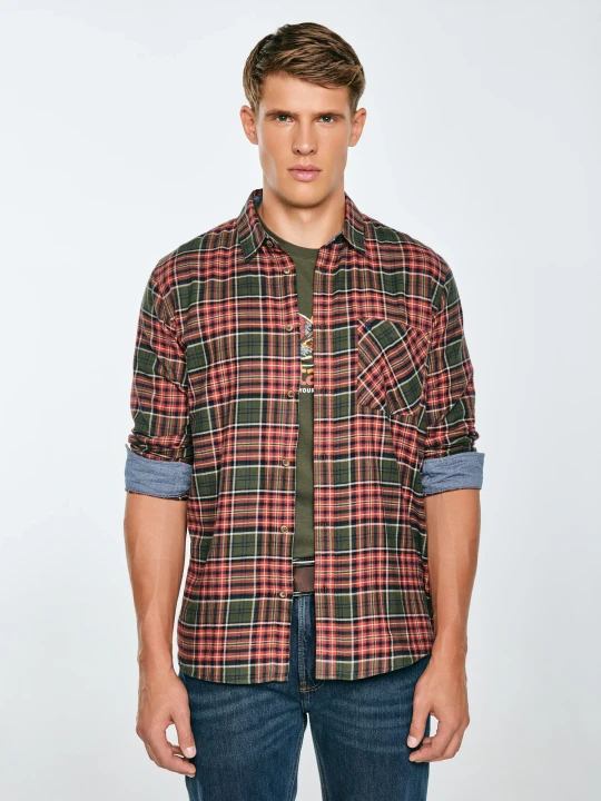 Zdjęcie produktu koszula męska flanelowa w kratę bordowo-khaki koner 303 Big Star ZIELONY