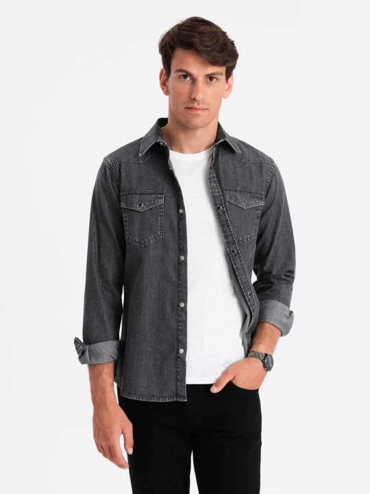 Zdjęcie produktu Koszula męska jeansowa na zatrzaski z kieszonkami - czarna V3 Ombre Clothing
