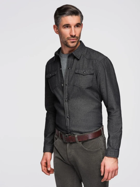 Zdjęcie produktu Koszula męska jeansowa na zatrzaski z kieszonkami - czarna V3 - Rozmiar: XXL Ombre Clothing