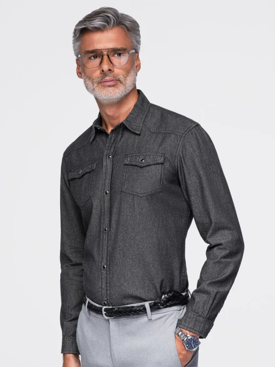 Zdjęcie produktu Koszula męska jeansowa na zatrzaski z kieszonkami - czarna V3 - Rozmiar: XXL Ombre Clothing