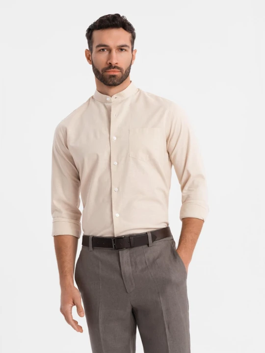 Zdjęcie produktu Koszula męska lniana ze stójką i kieszenią REGULAR FIT – kremowa V3 - Rozmiar: L Ombre Clothing kremowy
