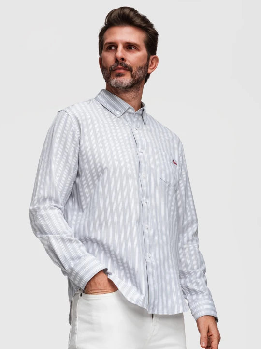 Zdjęcie produktu Koszula męska REGULAR FIT w białe paski z kieszonką – szara V1 - Rozmiar: M Ombre Clothing