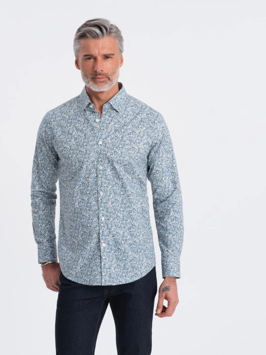 Zdjęcie produktu Koszula męska SLIM FIT w print drobnych liści - jasnoniebieska V1 - Rozmiar: S Ombre Clothing błękitny