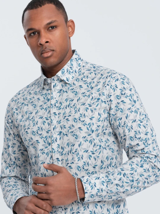 Zdjęcie produktu Koszula męska SLIM FIT w print gałązek - niebiesko-szara V2 Ombre Clothing