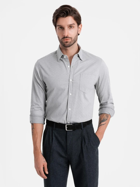 Zdjęcie produktu Koszula męska SLIM FIT z ozdobnej tkaniny z kieszonką – szara V2 - Rozmiar: XXL Ombre Clothing