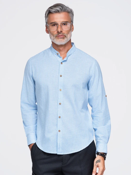 Zdjęcie produktu Koszula męska w paski ze stójką z lnem - biało-niebieska V2 - Rozmiar: M Ombre Clothing