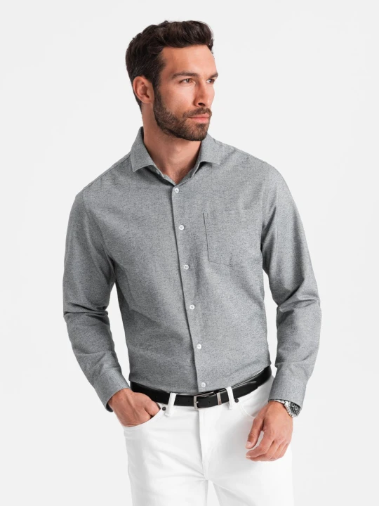 Zdjęcie produktu Koszula męska z kieszenią REGULAR FIT - szary melanż V3 - Rozmiar: S Ombre Clothing