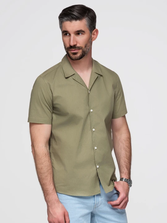 Zdjęcie produktu Koszula męska z krótkim rękawem i kubańskim kołnierzem - khaki V4 - Rozmiar: L Ombre Clothing