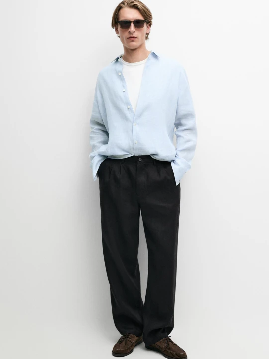 Zdjęcie produktu Koszula O Kroju Regular Fit Ze 100% Lnu W Kratkę - Błękitny - Massimo Dutti - Male