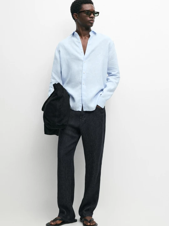 Zdjęcie produktu Koszula Regular Fit W Melanżowe Paski Z Lnu - Błękitny - Massimo Dutti - Male