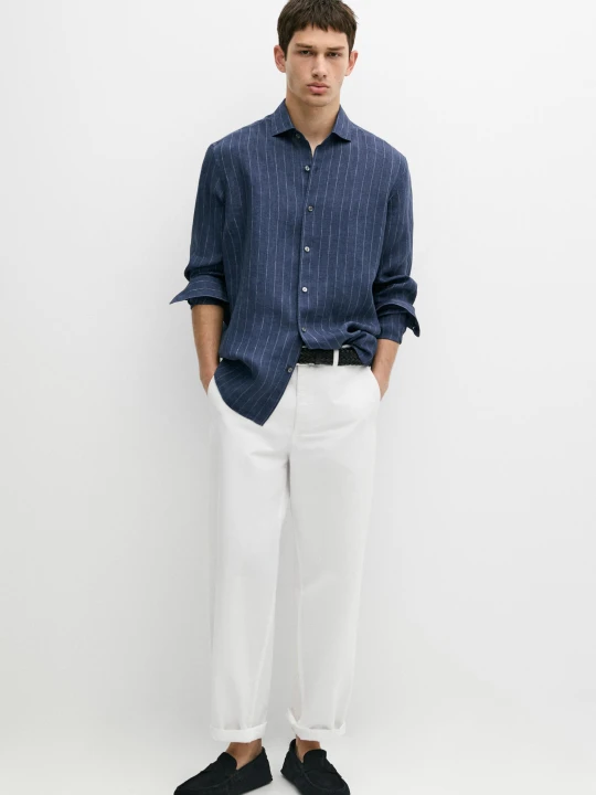 Zdjęcie produktu Koszula Regular Fit W Sprane Paski Ze 100% Lnu - Granatowy - Massimo Dutti - Male