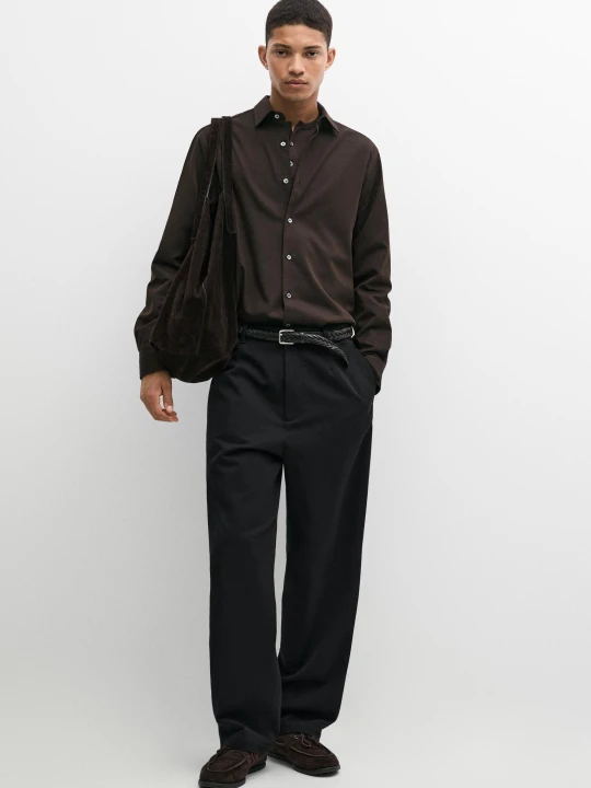 Zdjęcie produktu Koszula Regular Fit Z Diagonalnej Bawełny 100% - Czekoladowy - Massimo Dutti - Male