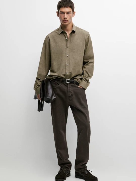 Zdjęcie produktu Koszula Regular Fit Z Melanżowego Diagonalnego Materiału Ze 100% Bawełny - Zielony - Massimo Dutti - Male