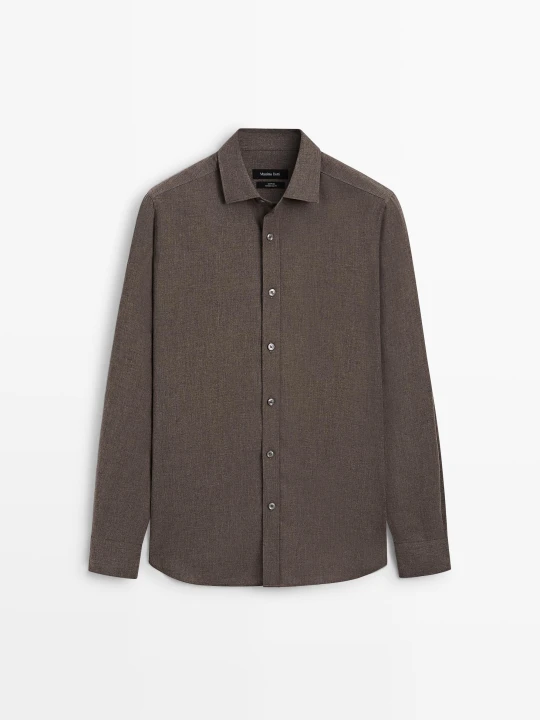 Zdjęcie produktu Koszula Regular Fit Z Melanżowej Bawełny O Splocie Diagonal - Szarobrązowy - Massimo Dutti - Male