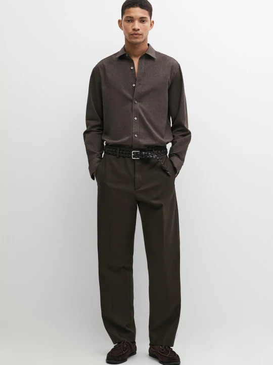 Zdjęcie produktu Koszula Regular Fit Z Melanżowej Bawełny O Splocie Diagonal - Szarobrązowy - Massimo Dutti - Male