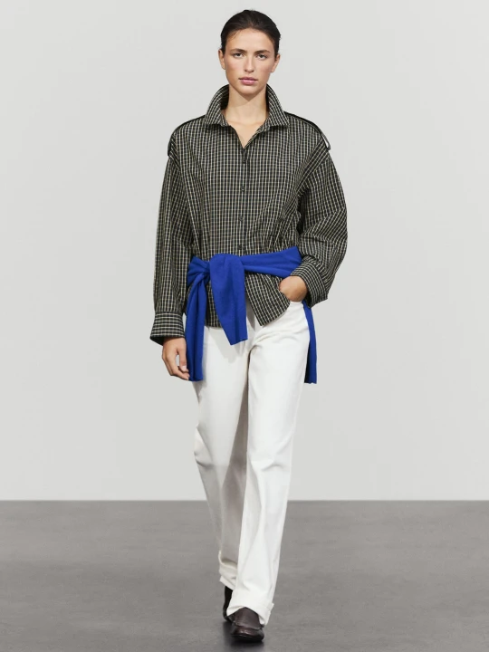 Zdjęcie produktu Koszula W Kratkę Ze 100% Bawełny Z Detalem Na Ramionach - Ciemnoniebieski - Massimo Dutti - Female