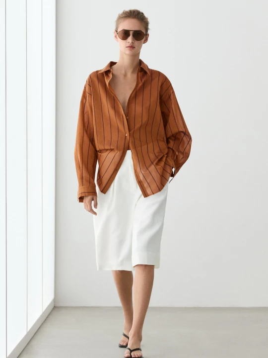 Zdjęcie produktu Koszula Wiskozowa W Paski Z Mieszanki Bawełny I Jedwabiu - Pomarańczowy - Massimo Dutti - Female