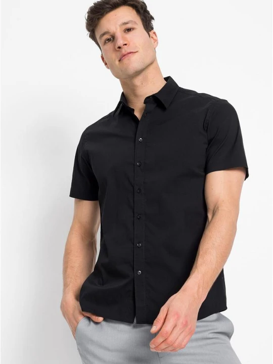 Zdjęcie produktu Koszula z krótkim rękawem, ze stretchem, slim fit BonPrix czarny