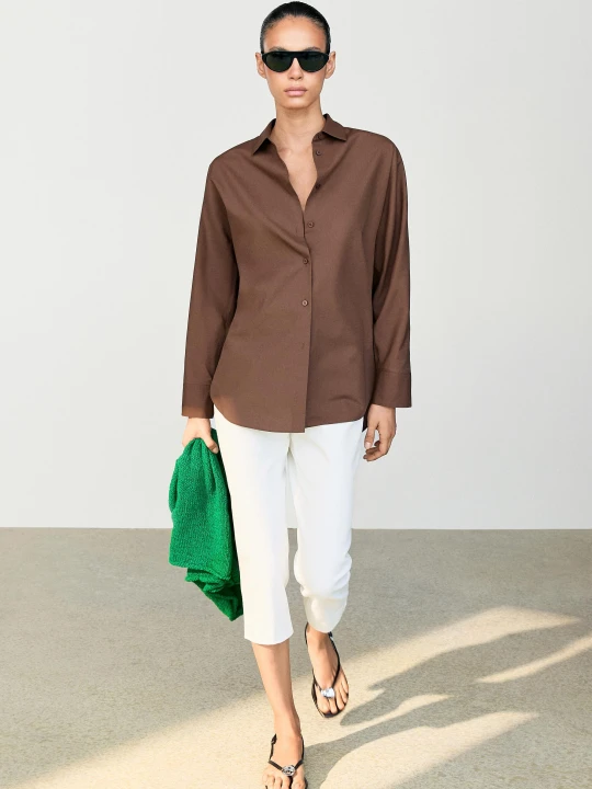 Zdjęcie produktu Koszula Z Popeliny Z Dodatkiem Bawełny - Popielaty Brąz - Massimo Dutti - Female