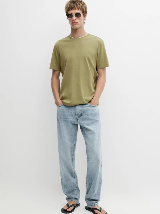 Zdjęcie produktu Koszulka 100% Bawełny Z Podwójnym Dekoltem - Zielony - Massimo Dutti - Male