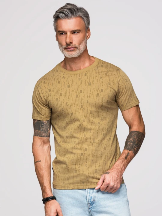 Zdjęcie produktu Koszulka bawełniana z nadrukiem i okrągłym dekoltem – ciemnooliwkowa V3 - Rozmiar: M Ombre Clothing oliwkowy