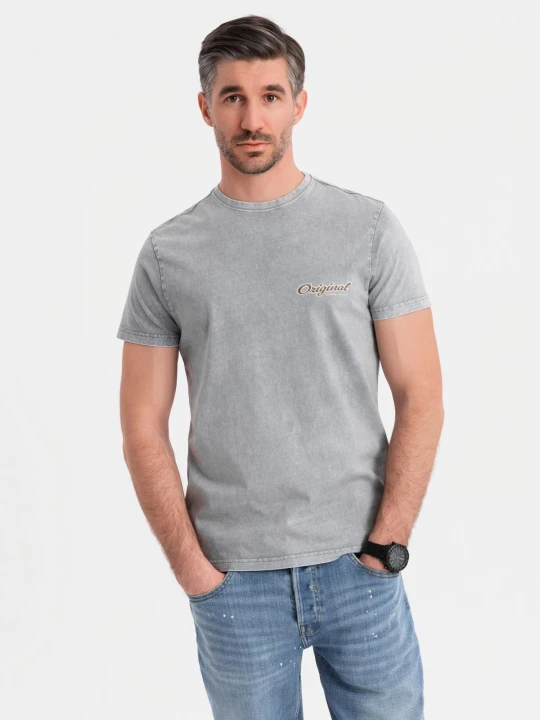 Zdjęcie produktu Koszulka bawełniana z nadrukiem na klatce i plecach - szara V1 - Rozmiar: M Ombre Clothing