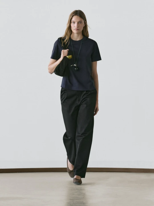 Zdjęcie produktu Koszulka Z Krótkim Rękawem Typu Interlock - Granatowy - Massimo Dutti - Female