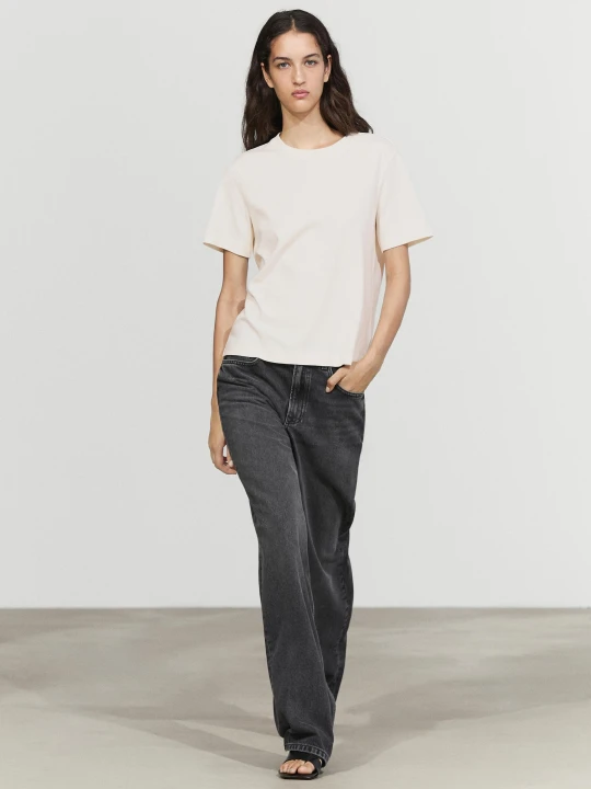 Zdjęcie produktu Koszulka Interlock Ze 100% Bawełny Z Okrągłym Dekoltem - Surowy - - Massimo Dutti - Kobieta