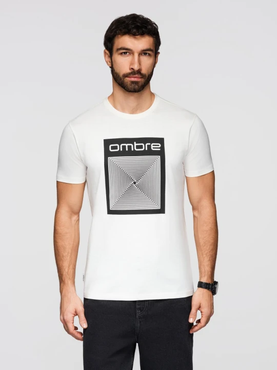 Zdjęcie produktu Koszulka męska bawełniana z geometrycznym nadrukiem - biała V2 - Rozmiar: M Ombre Clothing