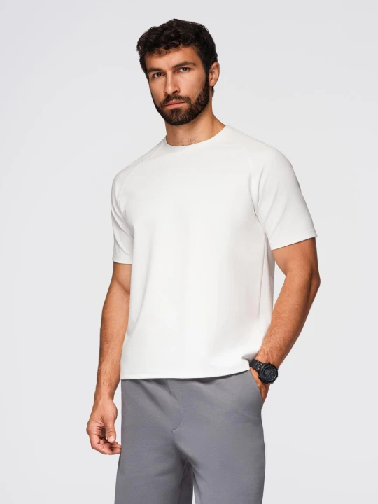 Zdjęcie produktu Koszulka męska COMFORT FIT z raglanowym rękawem – off-white V1 - Rozmiar: S Ombre Clothing