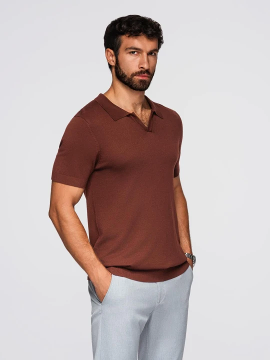 Zdjęcie produktu Koszulka męska polo bez guzików z klasycznym splotem – ciepłobrązowa V4 - Rozmiar: M Ombre Clothing brązowy