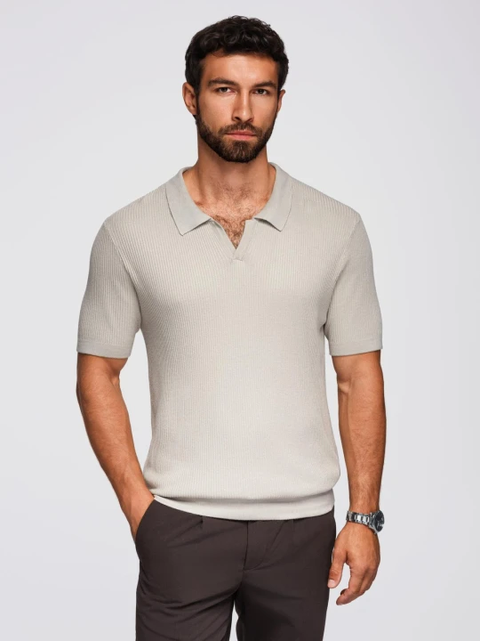 Zdjęcie produktu Koszulka męska polo bez guzików z otwartym kołnierzykiem – jasnoszara V3 - Rozmiar: XXL Ombre Clothing jasny szary