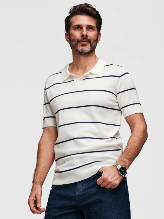 Zdjęcie produktu Koszulka męska polo w poziome paski z wiskozą – biało-granatowa V2 - Rozmiar: XXL Ombre Clothing