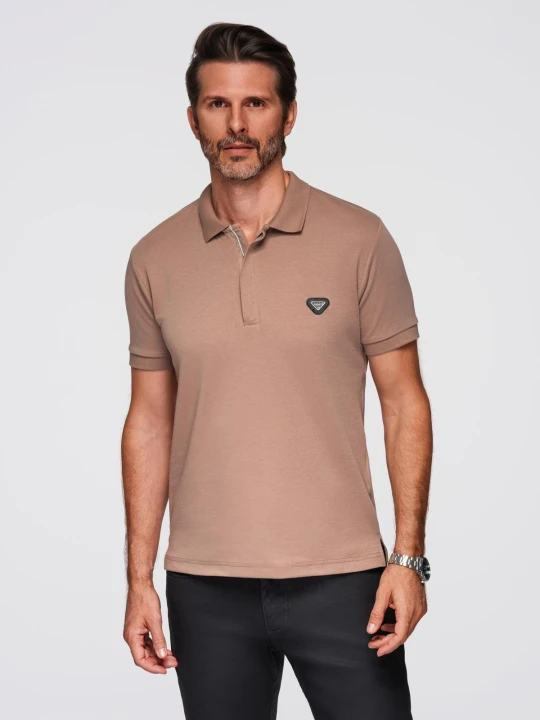 Zdjęcie produktu Koszulka męska polo z dekoltem na zamek - jasnobrązowa V3 - Rozmiar: L Ombre Clothing jasnobrązowy